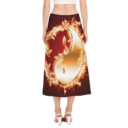 Flaming Yin Yang Print Side Slit Midi Skirt