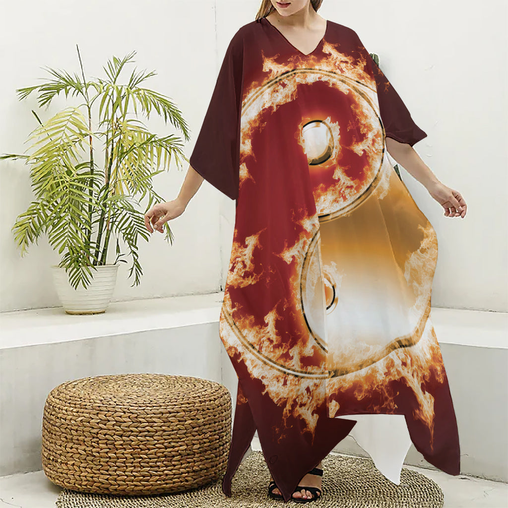 Flaming Yin Yang Print Silk V-Neck Kaftan Dress
