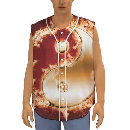 Flaming Yin Yang Print Sleeveless Baseball Jersey