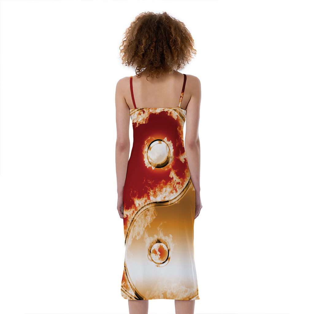 Flaming Yin Yang Print Slim Fit Midi Cami Dress