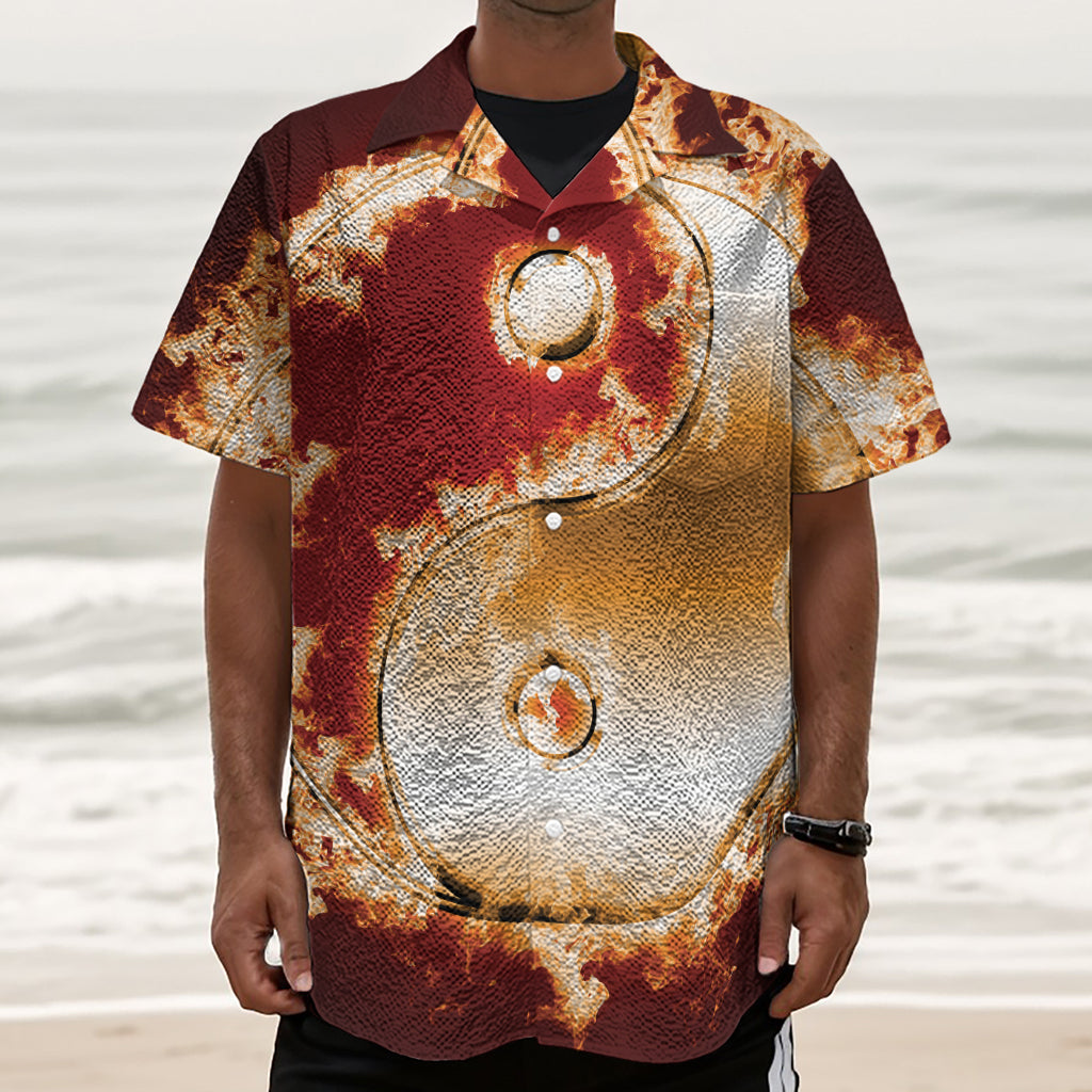 Flaming Yin Yang Print Textured Short Sleeve Shirt
