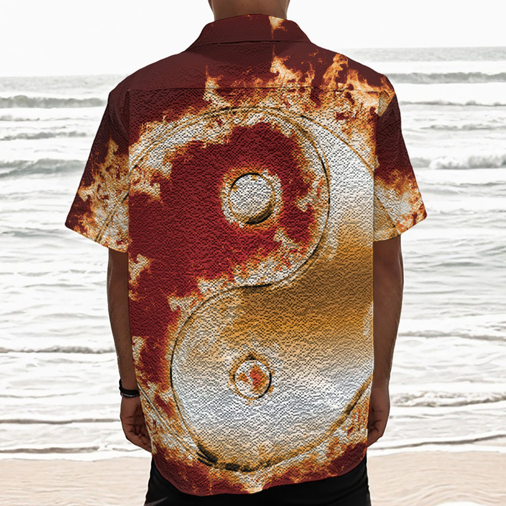 Flaming Yin Yang Print Textured Short Sleeve Shirt