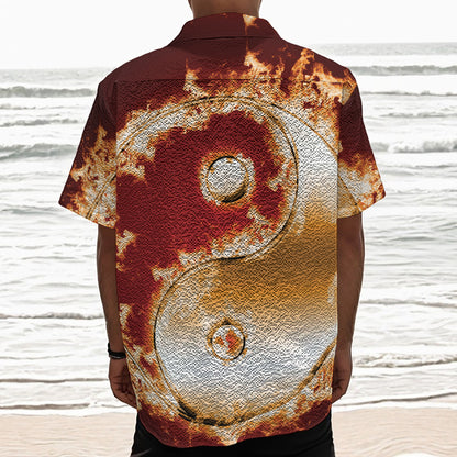 Flaming Yin Yang Print Textured Short Sleeve Shirt