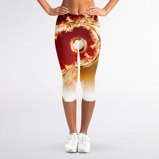 Flaming Yin Yang Print Women's Capri Leggings