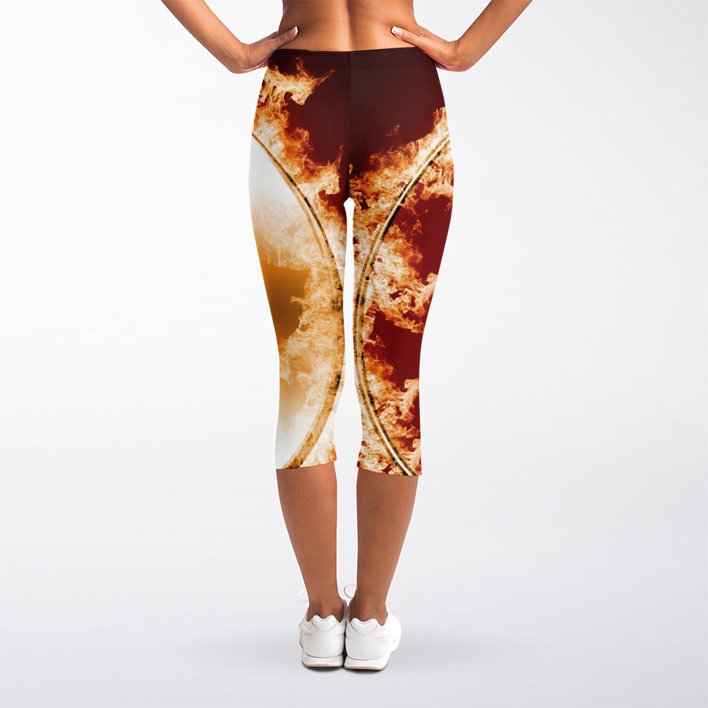 Flaming Yin Yang Print Women's Capri Leggings