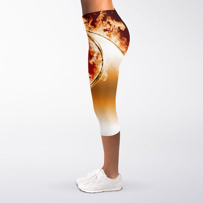Flaming Yin Yang Print Women's Capri Leggings