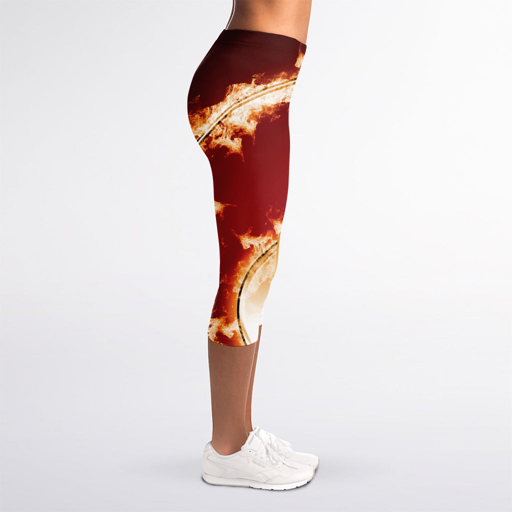 Flaming Yin Yang Print Women's Capri Leggings