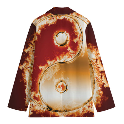 Flaming Yin Yang Print Women's Cotton Blazer