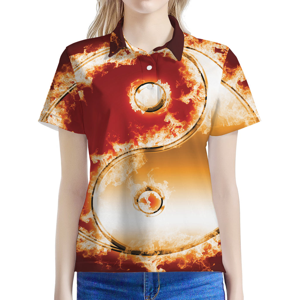 Flaming Yin Yang Print Women's Polo Shirt