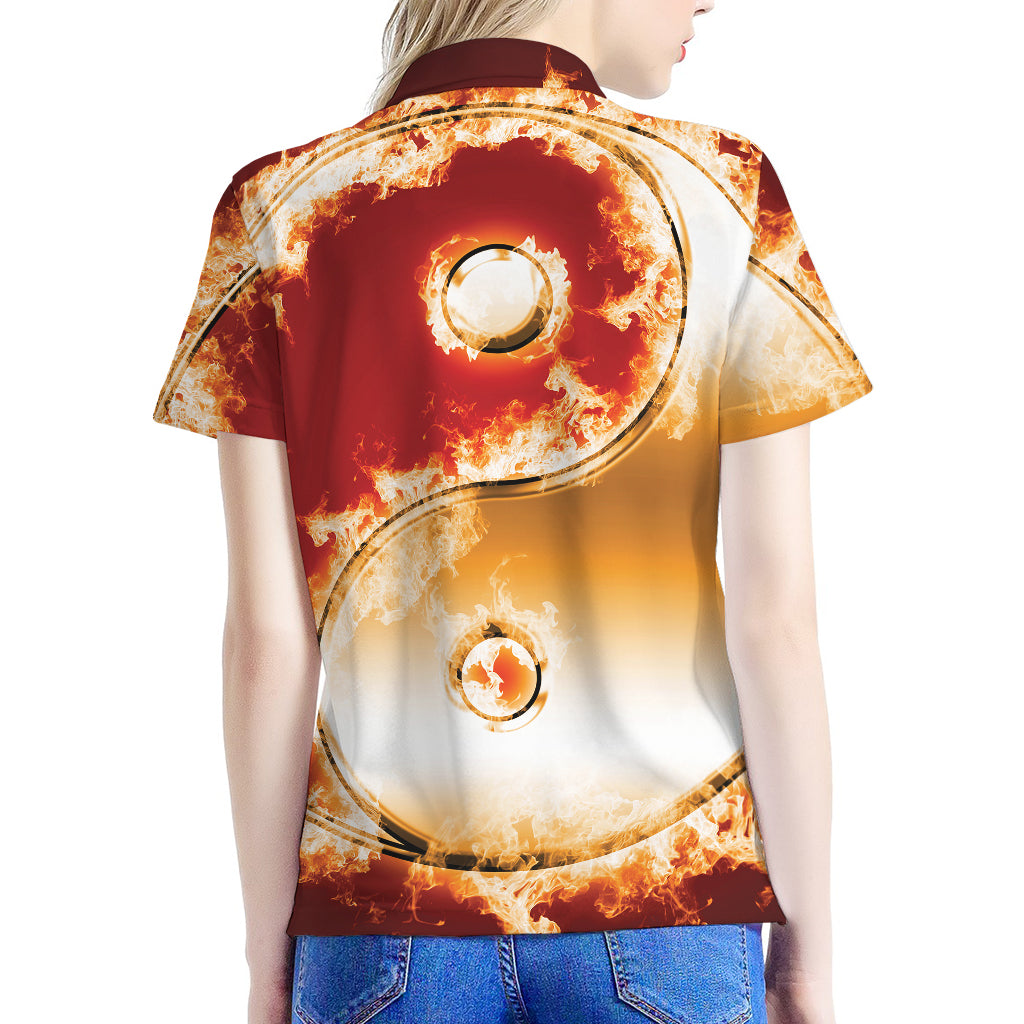 Flaming Yin Yang Print Women's Polo Shirt
