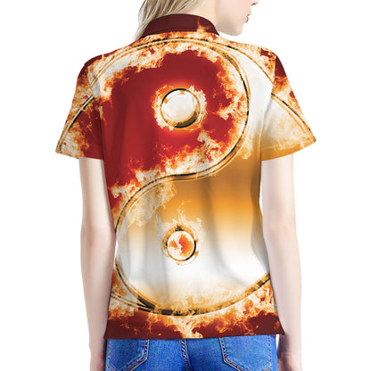 Flaming Yin Yang Print Women's Polo Shirt
