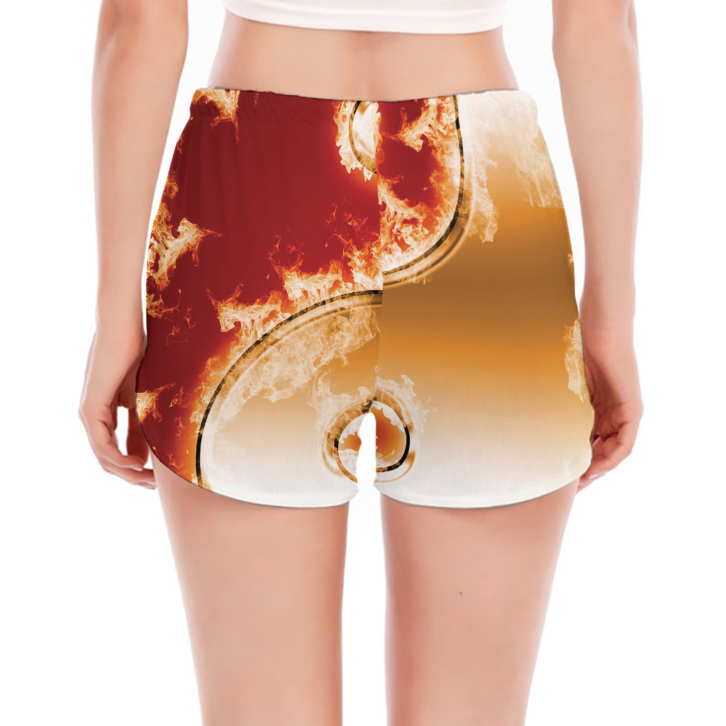 Flaming Yin Yang Print Women's Split Running Shorts