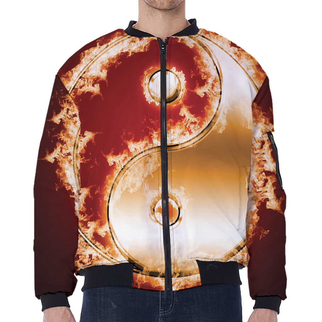 Flaming Yin Yang Print Zip Sleeve Bomber Jacket