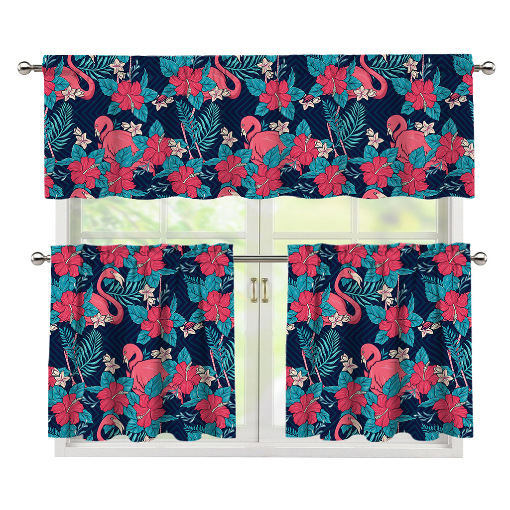 Flamingo And Hawaiian Floral Print 3 Piece Kitchen Curtains