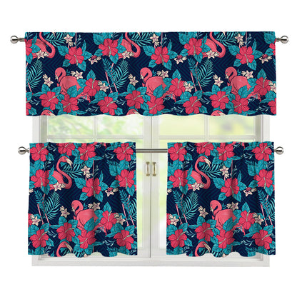 Flamingo And Hawaiian Floral Print 3 Piece Kitchen Curtains