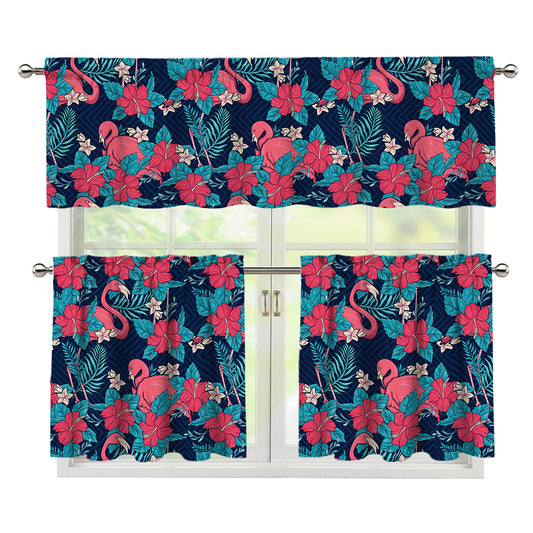 Flamingo And Hawaiian Floral Print 3 Piece Kitchen Curtains