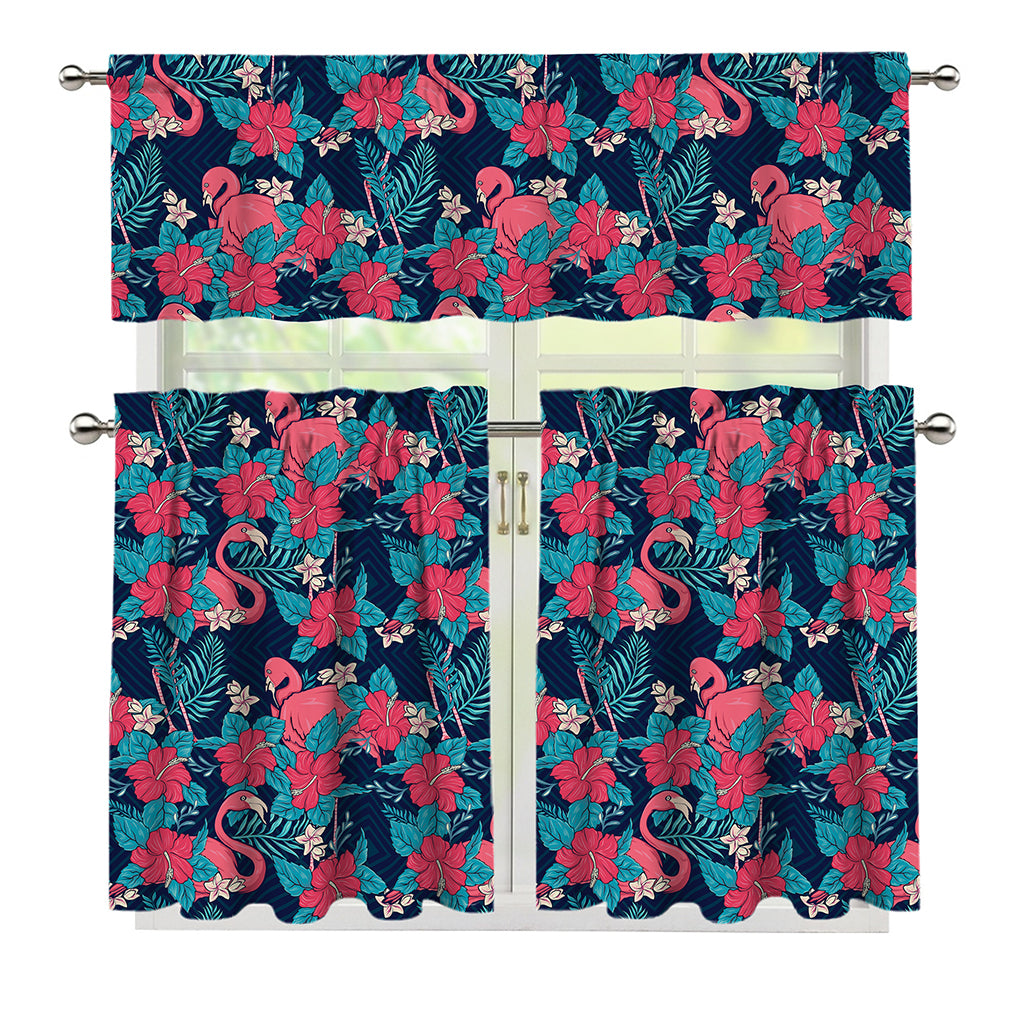 Flamingo And Hawaiian Floral Print 3 Piece Kitchen Curtains