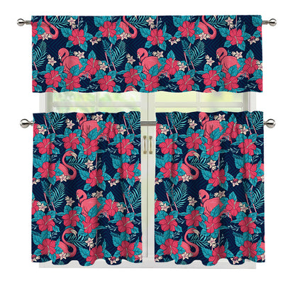 Flamingo And Hawaiian Floral Print 3 Piece Kitchen Curtains