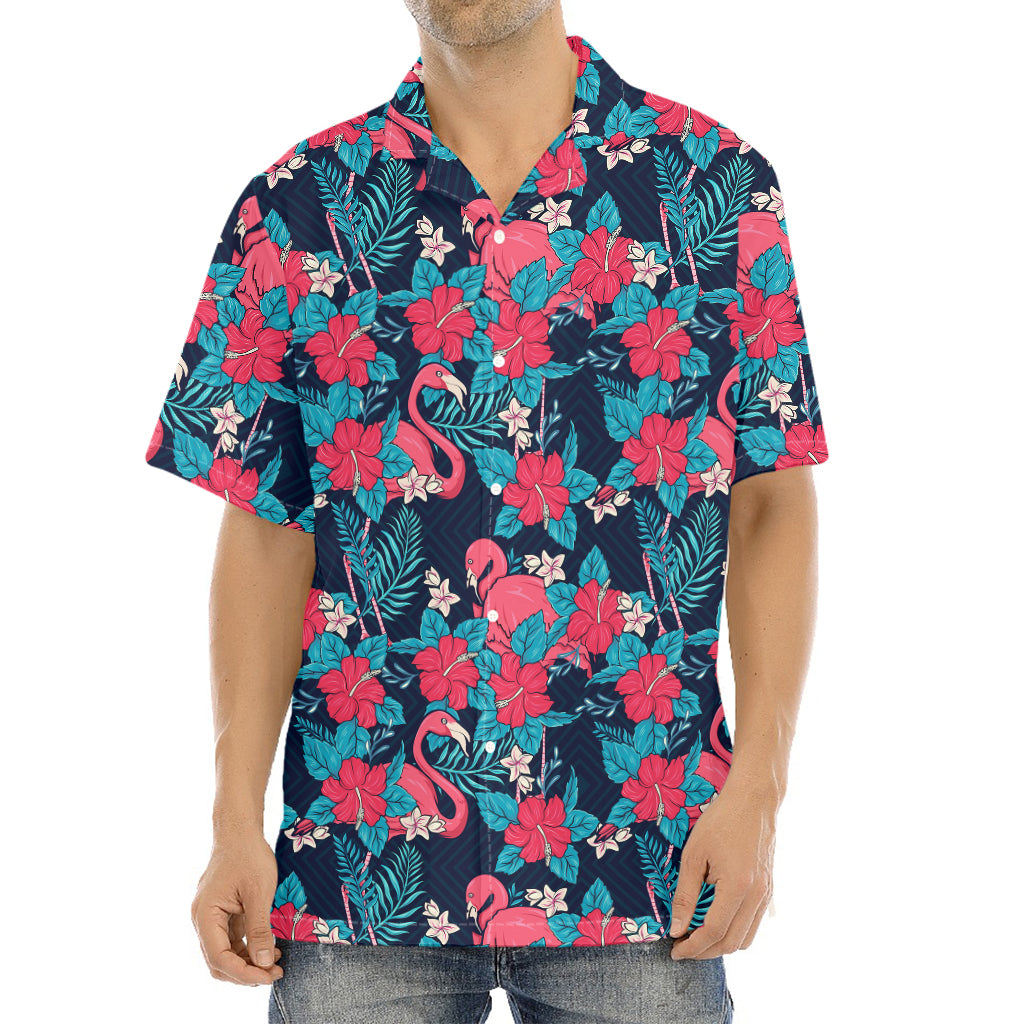 Flamingo And Hawaiian Floral Print Aloha Shirt