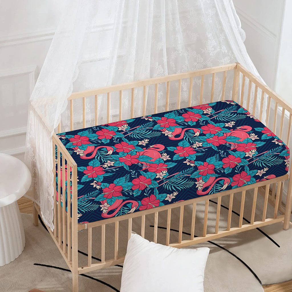 Flamingo And Hawaiian Floral Print Baby Crib Sheet