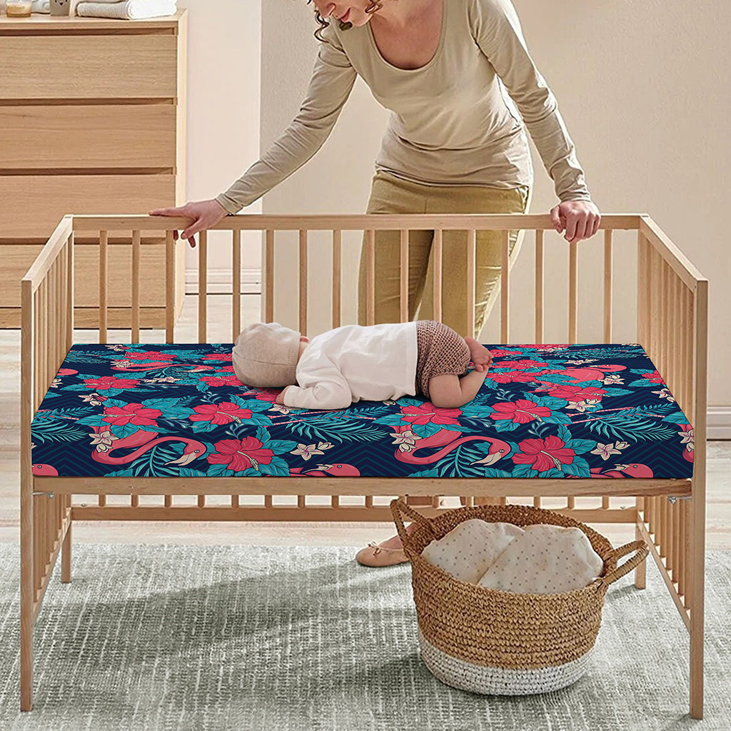 Flamingo And Hawaiian Floral Print Baby Crib Sheet
