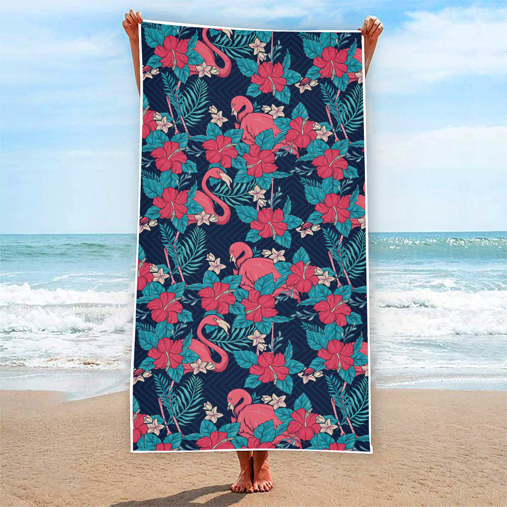 Flamingo And Hawaiian Floral Print Beach Towel