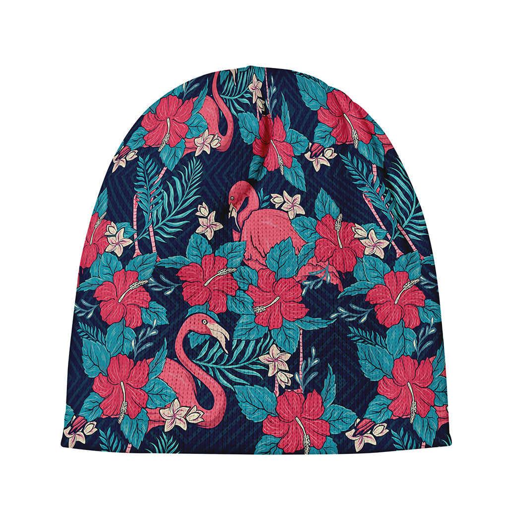 Flamingo And Hawaiian Floral Print Beanie