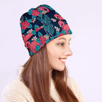 Flamingo And Hawaiian Floral Print Beanie