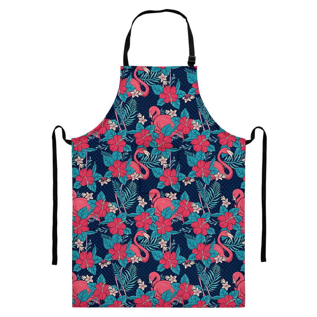 Flamingo And Hawaiian Floral Print Bib Apron With Pocket