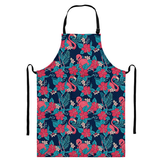 Flamingo And Hawaiian Floral Print Bib Apron With Pocket