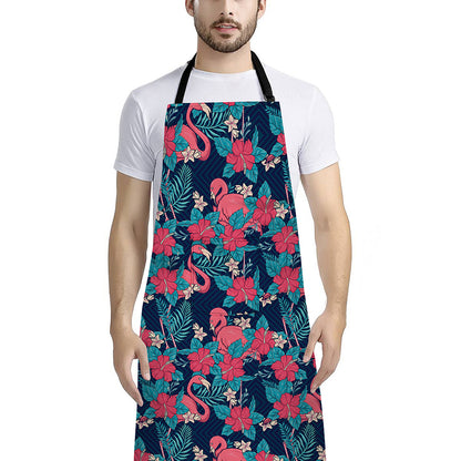 Flamingo And Hawaiian Floral Print Bib Apron With Pocket