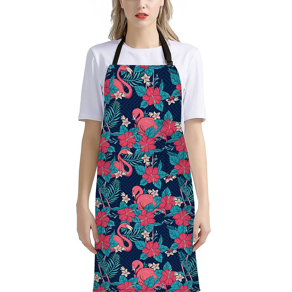 Flamingo And Hawaiian Floral Print Bib Apron With Pocket