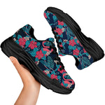 Flamingo And Hawaiian Floral Print Black Chunky Shoes