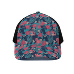 Flamingo And Hawaiian Floral Print Black Mesh Trucker Cap