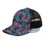 Flamingo And Hawaiian Floral Print Black Mesh Trucker Cap
