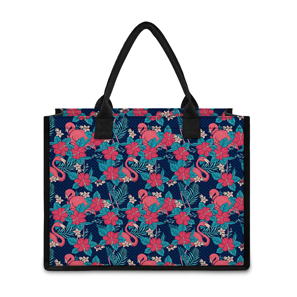 Flamingo And Hawaiian Floral Print Canvas Tote Bag