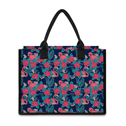 Flamingo And Hawaiian Floral Print Canvas Tote Bag
