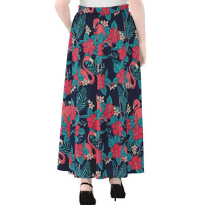 Flamingo And Hawaiian Floral Print Chiffon Maxi Skirt