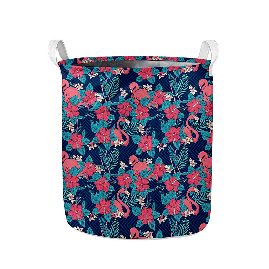 Flamingo And Hawaiian Floral Print Collapsible Laundry Basket