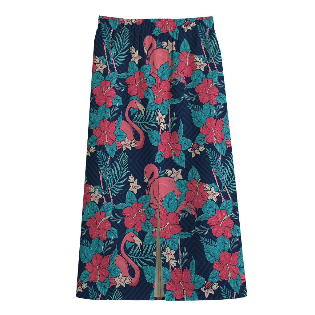 Flamingo And Hawaiian Floral Print Cotton Front Slit Maxi Skirt