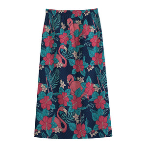 Flamingo And Hawaiian Floral Print Cotton Front Slit Maxi Skirt