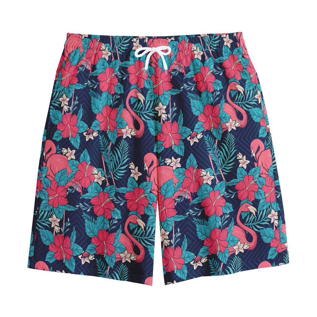 Flamingo And Hawaiian Floral Print Cotton Shorts