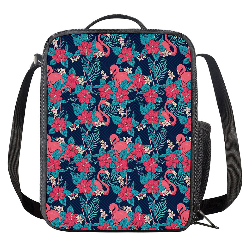Flamingo And Hawaiian Floral Print Crossbody Lunch Bag