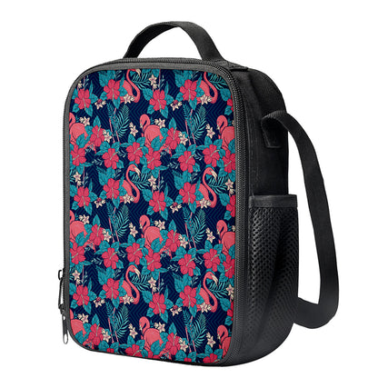 Flamingo And Hawaiian Floral Print Crossbody Lunch Bag