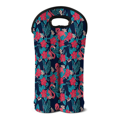 Flamingo And Hawaiian Floral Print Double Neoprene Wine Tote