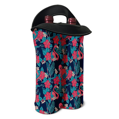 Flamingo And Hawaiian Floral Print Double Neoprene Wine Tote