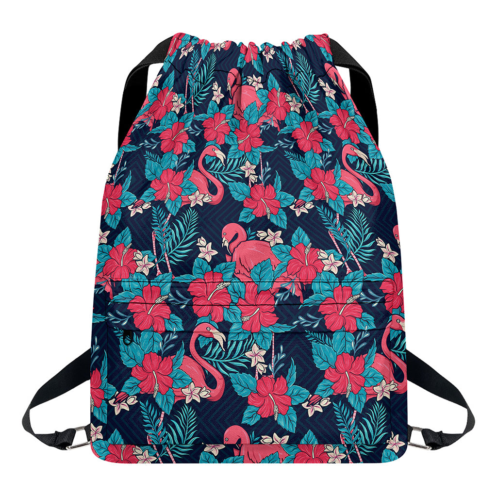 Flamingo And Hawaiian Floral Print Drawstring Backpack