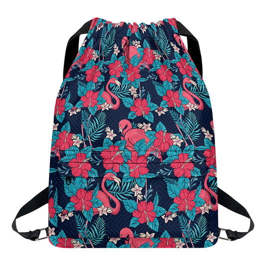 Flamingo And Hawaiian Floral Print Drawstring Backpack