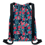 Flamingo And Hawaiian Floral Print Drawstring Backpack