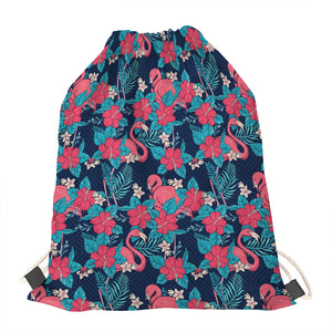 Flamingo And Hawaiian Floral Print Drawstring Bag